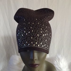 Brown Crystal Embellished Beanie Hat